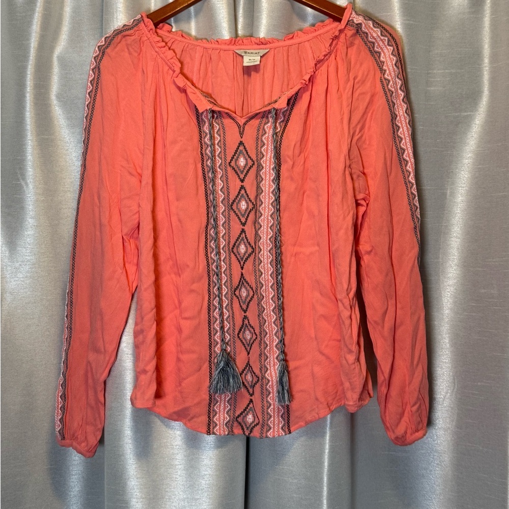 Ariat Orange and Gray Long Sleeve‎ Relaxed Blouse with Bib Collar size Medium